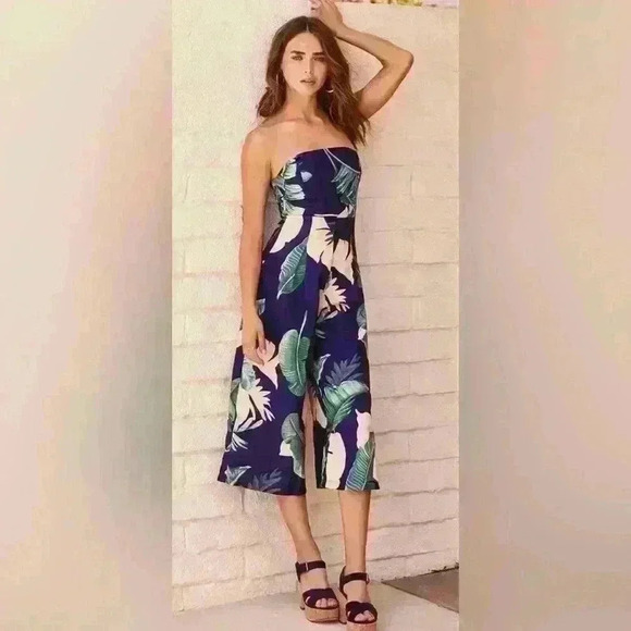 Lulu's Rainforest Blooms Navy Blue Print Strapless Midi Jumpsuit Women's Large - Picture 2 of 13